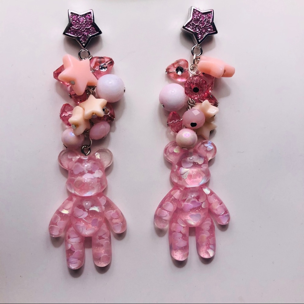 Teddy bear 🧸 Pink star charm dangle earring heart